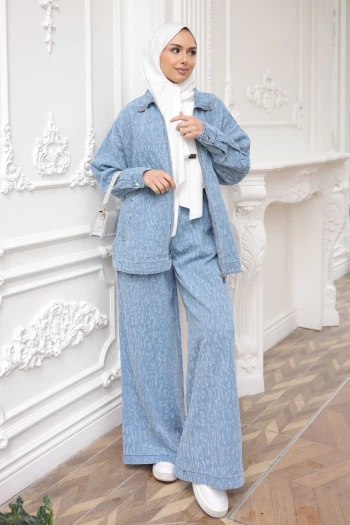 Mavi Lazer Kesim Kot Ceket Pantolonlu Takım