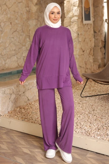 Mor Manşetli Tunik Pantolonlu Modal Takım