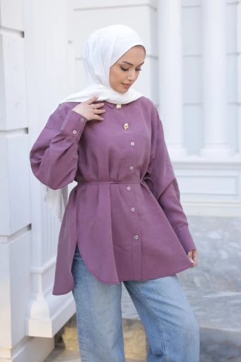 Mürdüm Bel Bağlamalı Düğmeli Tunik