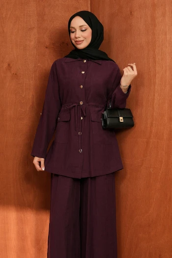 Mürdüm Bel İp Büzgülü Tunik Pantolonlu Takım