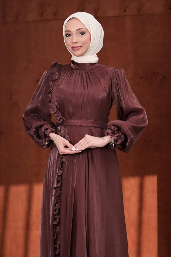 Mürdüm Bel Kemerli Fırfırlı Janjan Abiye