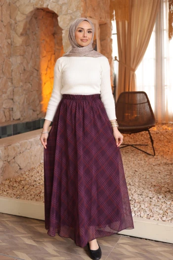 Mürdüm Bel Lastikli Astarlı Şifon Etek