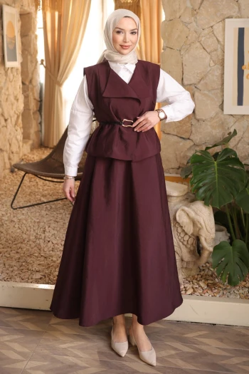 Mürdüm Deri Kemerli Yelek Etekli Takım