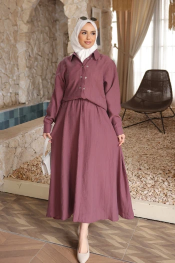 Mürdüm Düğmeli Gömlek Etekli Takım