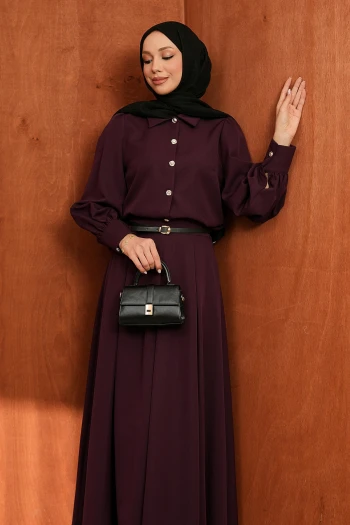 Mürdüm Düğmeli Kemerli Gömlek Etekli Takım