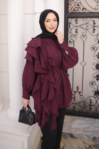 Mürdüm Düğmeli Volanlı İp Bağcıklı Tunik