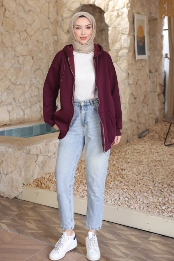 Mürdüm Kapşonlu Fermuarlı Üç İplik Cepli Hırka