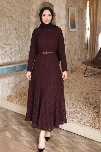 Mürdüm Kemerli Dantelli Astarlı Elbise