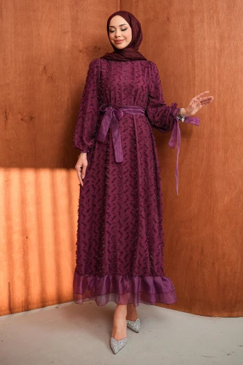 Mürdüm Kol Bağlamalı Kuşaklı Abiye