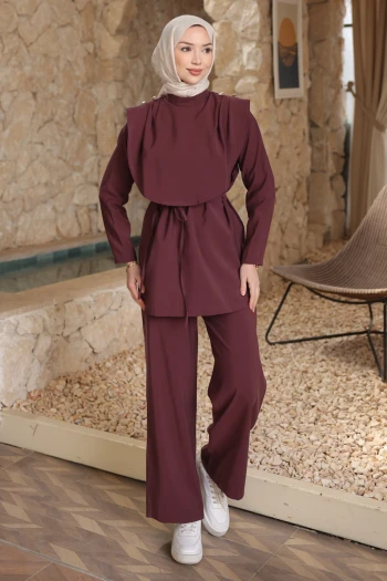 Mürdüm Omuz Düğmeli Bel Kuşaklı Pantolonlu Takım