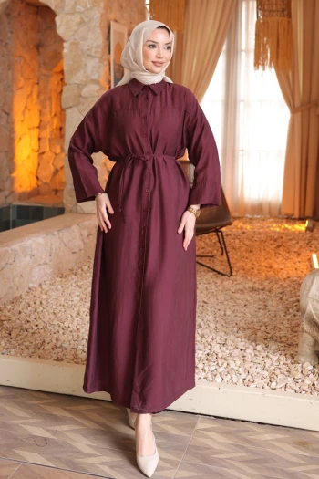 Mürdüm Oversize Düğmeli Tesla Elbise