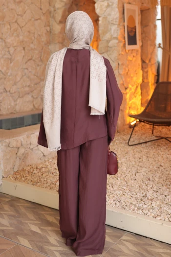 Mürdüm Pile Detaylı Tunik Pantolonlu Takım