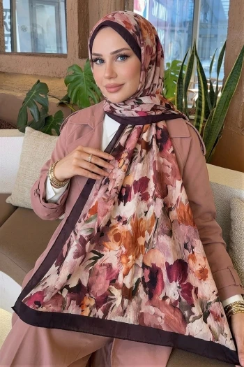 Mürdüm Pudra İpekhan Desenli Kraş Şal