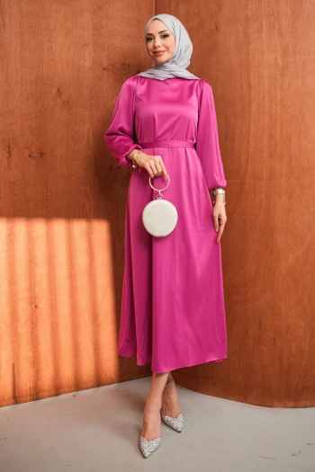 Pembe Hakim Yaka Balon Kol Saten Abiye Elbise