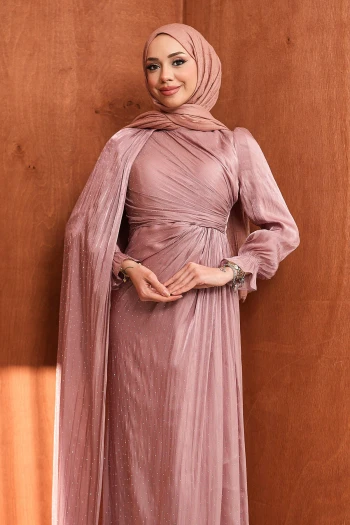 Pudra Pelerin Detaylı Drapeli Taşlı Abiye