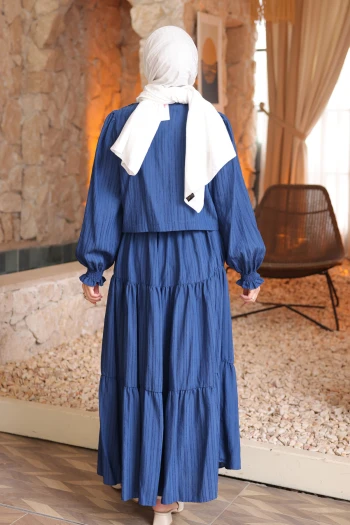 Saks Mavi Düğmeli Gömlek Etekli Bürümcük Takım