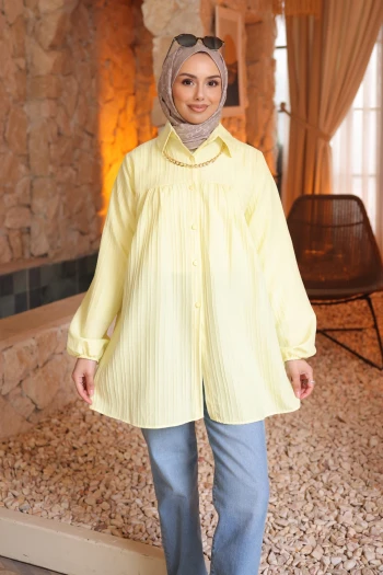 Sarı Kol Lastikli Çizgili Gömlek Tunik