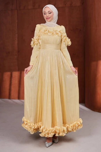 Sarı Yaka Ve Etek Ucu Fırfırlı Işıltılı Abiye