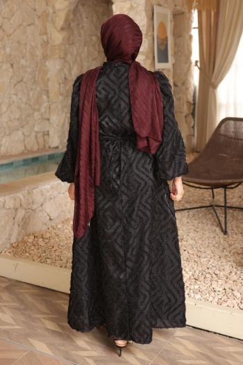 Siyah Balon Kol Kuşaklı Elbise