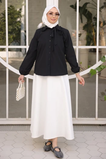 Siyah Bebe Yaka Kol Lastikli Düğmeli Gömlek