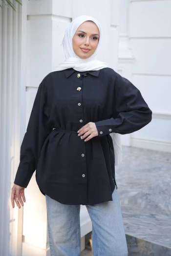 Siyah Bel Bağlamalı Düğmeli Tunik