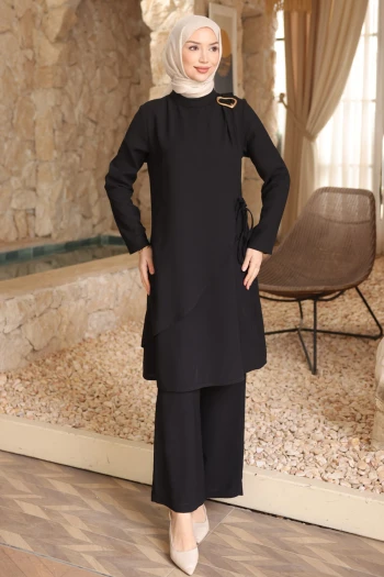 Siyah Bel Bağlamalı Tunik Pantolonlu Takım