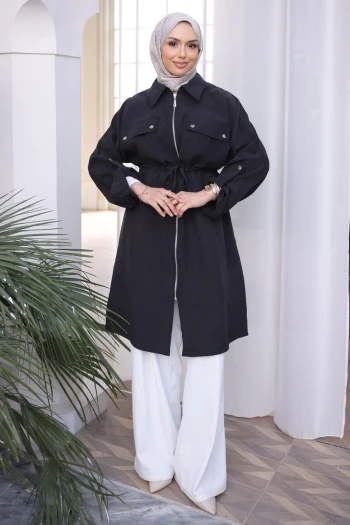 Siyah Bel Kuşaklı Çift Cepli Gabria Kap