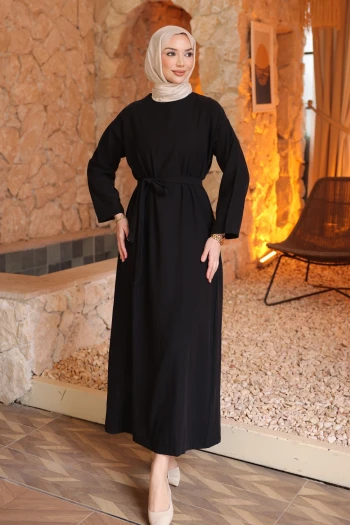 Siyah Beli Kuşaklı Rayon Tencel Elbise