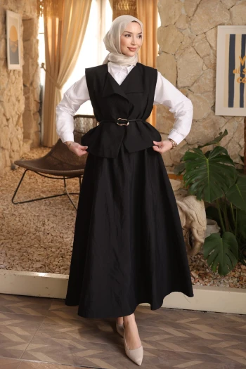 Siyah Deri Kemerli Yelek Etekli Takım