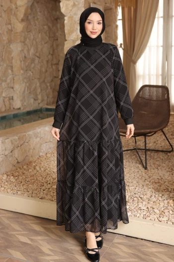 Siyah Desenli Şifon Elbise