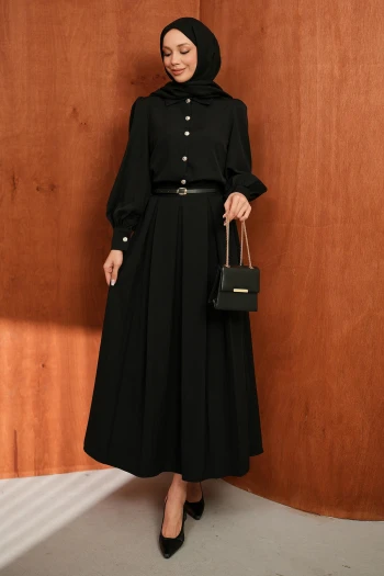 Siyah Düğmeli Kemerli Gömlek Etekli Takım