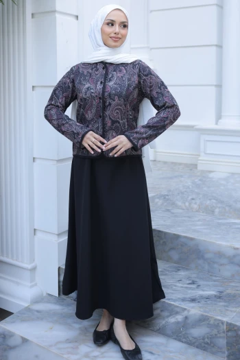 Siyah Etnik Desenli Ceket Etekli Takım