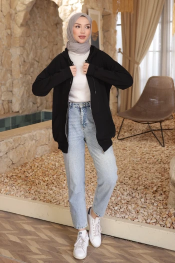 Siyah Kanguru Cepli Üç İplik Sweatshirt