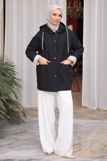 Siyah Kapüşonlu Çıt Çıt Düğmeli Trençkot