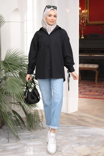 Siyah Kol Bağlamalı Düğmeli Gömlek