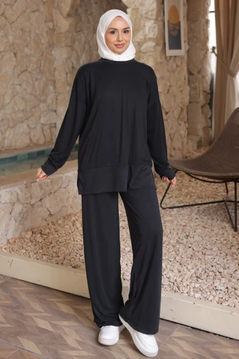 Siyah Manşetli Tunik Pantolonlu Modal Takım