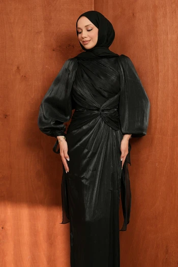 Siyah Ön Detaylı Şifon abiye