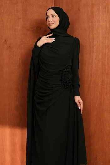 Siyah Önü Drapeli Büyük Beden Abiye