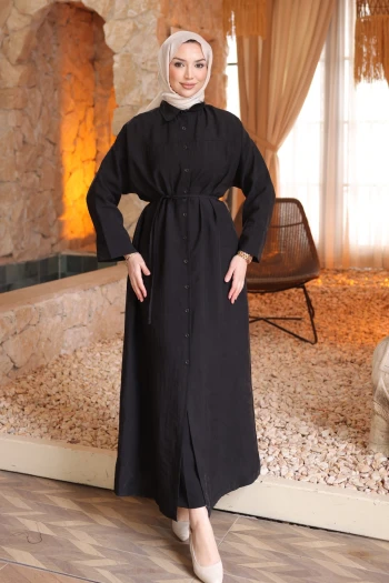 Siyah Oversize Düğmeli Tesla Elbise