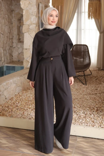Siyah Pelerinli Tunik Pantolonlu Modal Takım