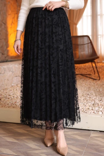 Siyah Piliseli Flok Baskılı Astarlı Tül Etek