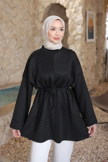 Siyah Taş Detaylı Yırtmaçlı Oversize Tunik