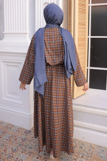 Taba Ekose Yaka Detaylı Gömlek Etekli Takım