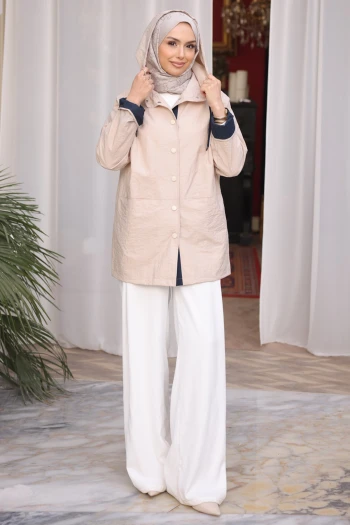 Taş Kapüşonlu Çıt Çıt Düğmeli Trençkot