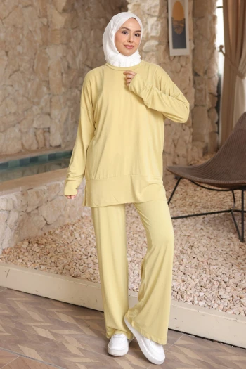 Yağ Yeşili Manşetli Tunik Pantolonlu Modal Takım