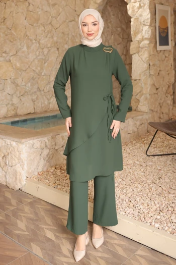 Yeşil Bel Bağlamalı Tunik Pantolonlu Takım