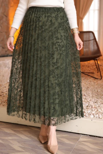 Yeşil Piliseli Flok Baskılı Astarlı Tül Etek