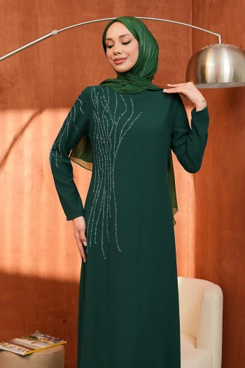 Zümrüt Yeşili Bisiklet Yaka Taş İşlemeli Abiye