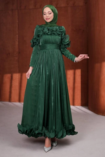 Zümrüt Yeşili Yaka Ve Etek Ucu Fırfırlı Işıltılı Abiye