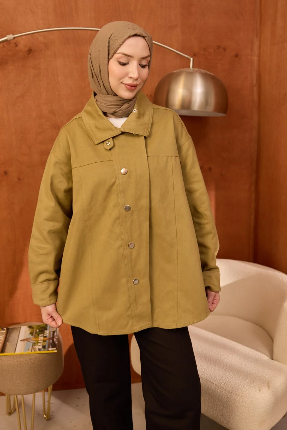 Açık Haki Kravuze Yaka Düğmeli Oversize Kot Ceket